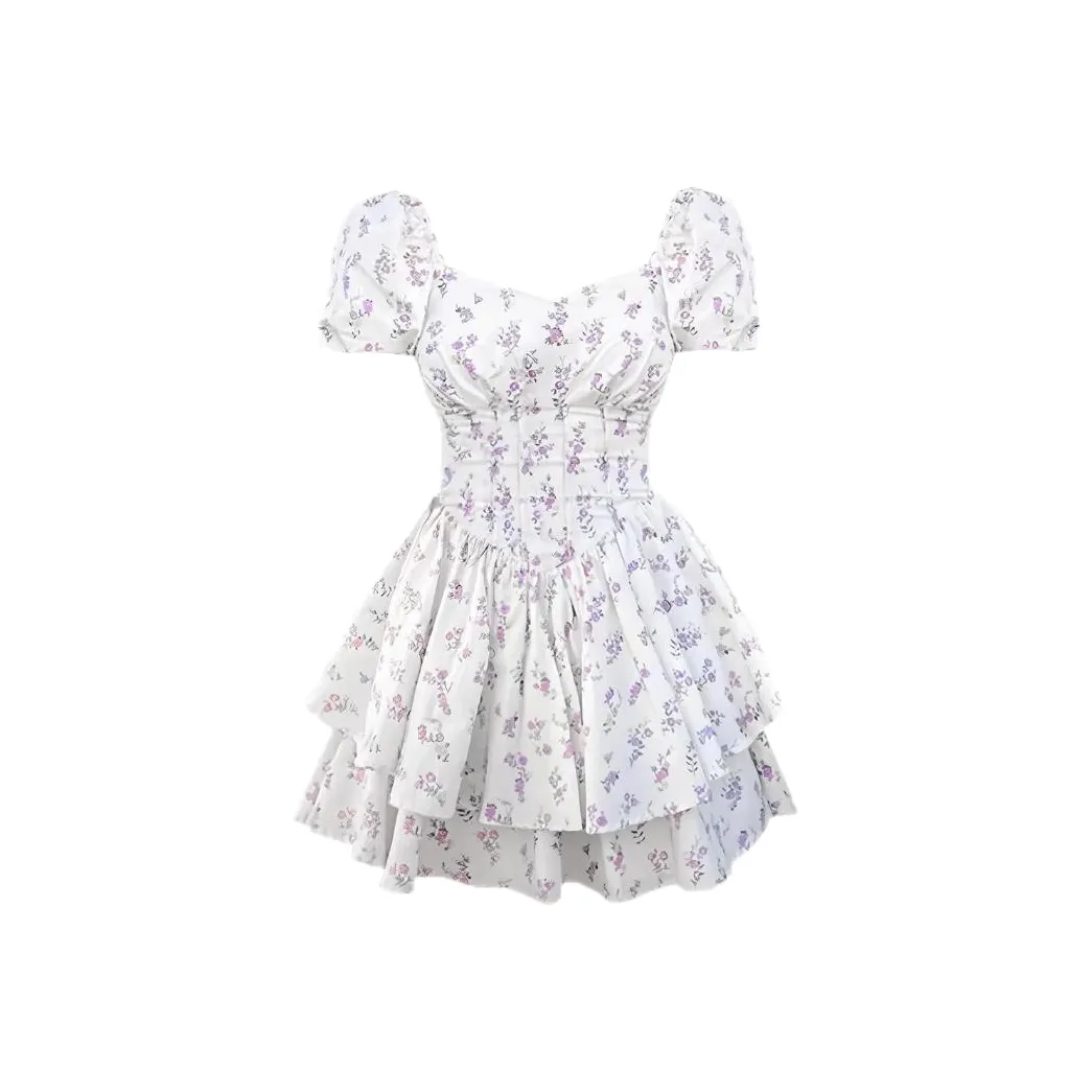 ABBY GODDESS Короткий рукав Платье Женское Белое Основа с Фиолетовым Цветочным