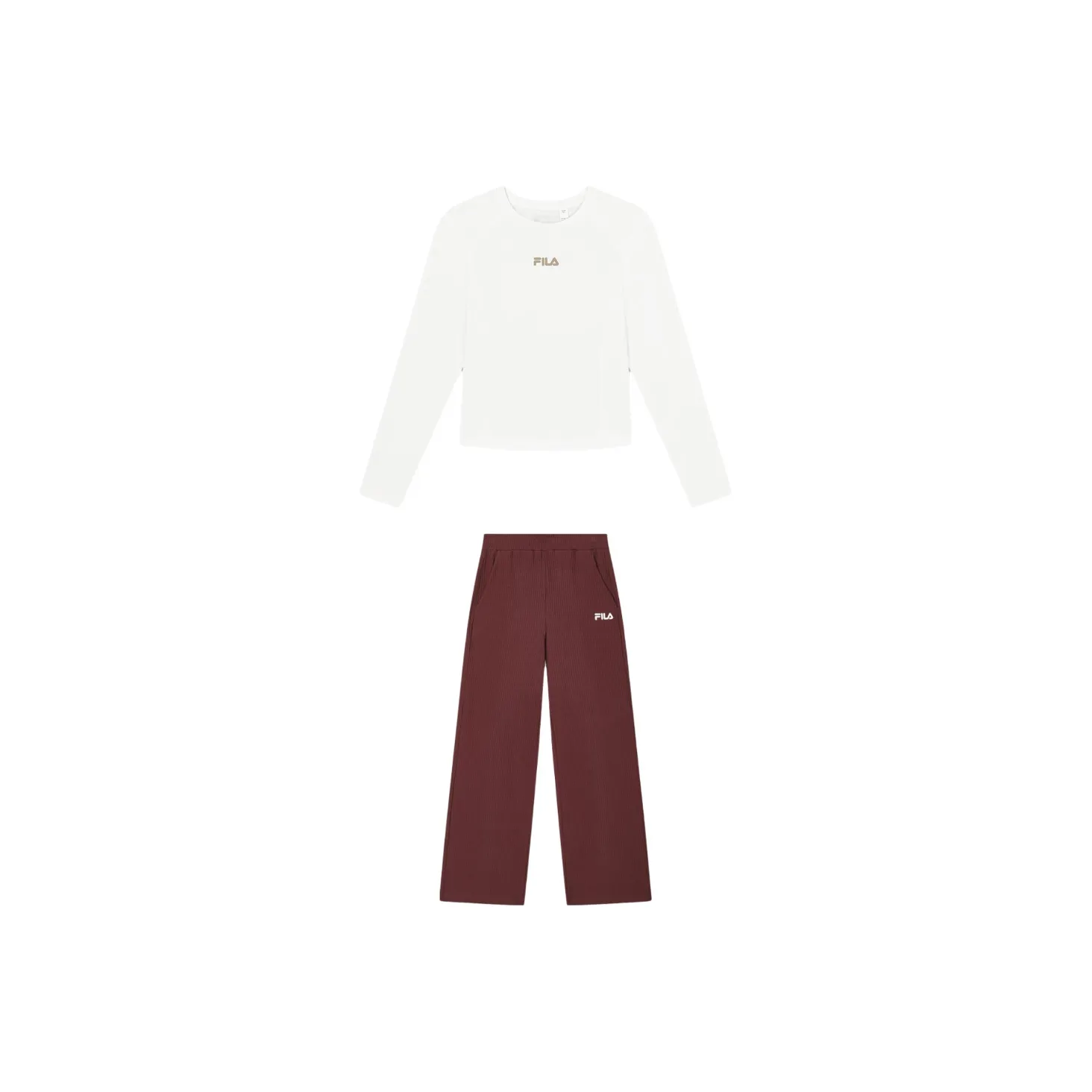 FILA Casual Suits Women's Cloud White Top+Burgundy Pants