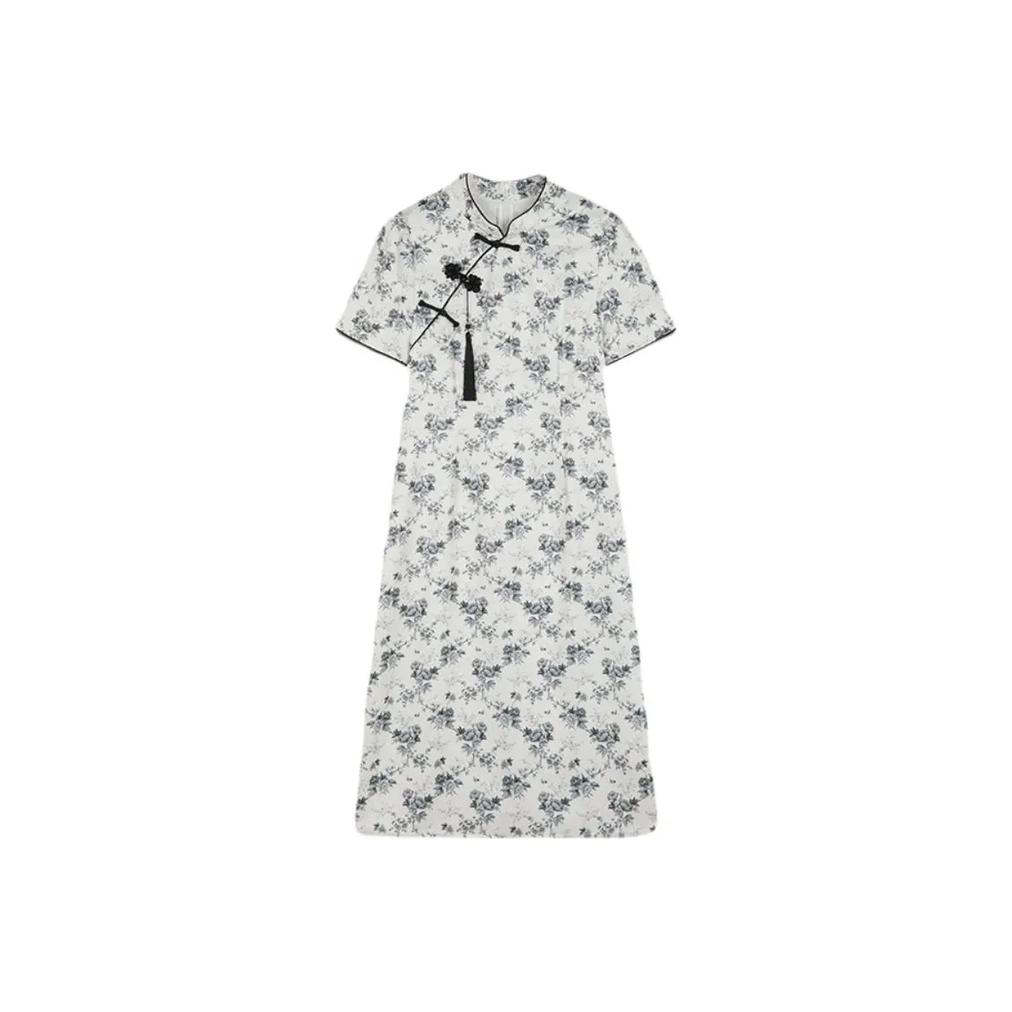 Mo Han Yi Mei Short Sleeved Dress Women's Beige With Black Floral