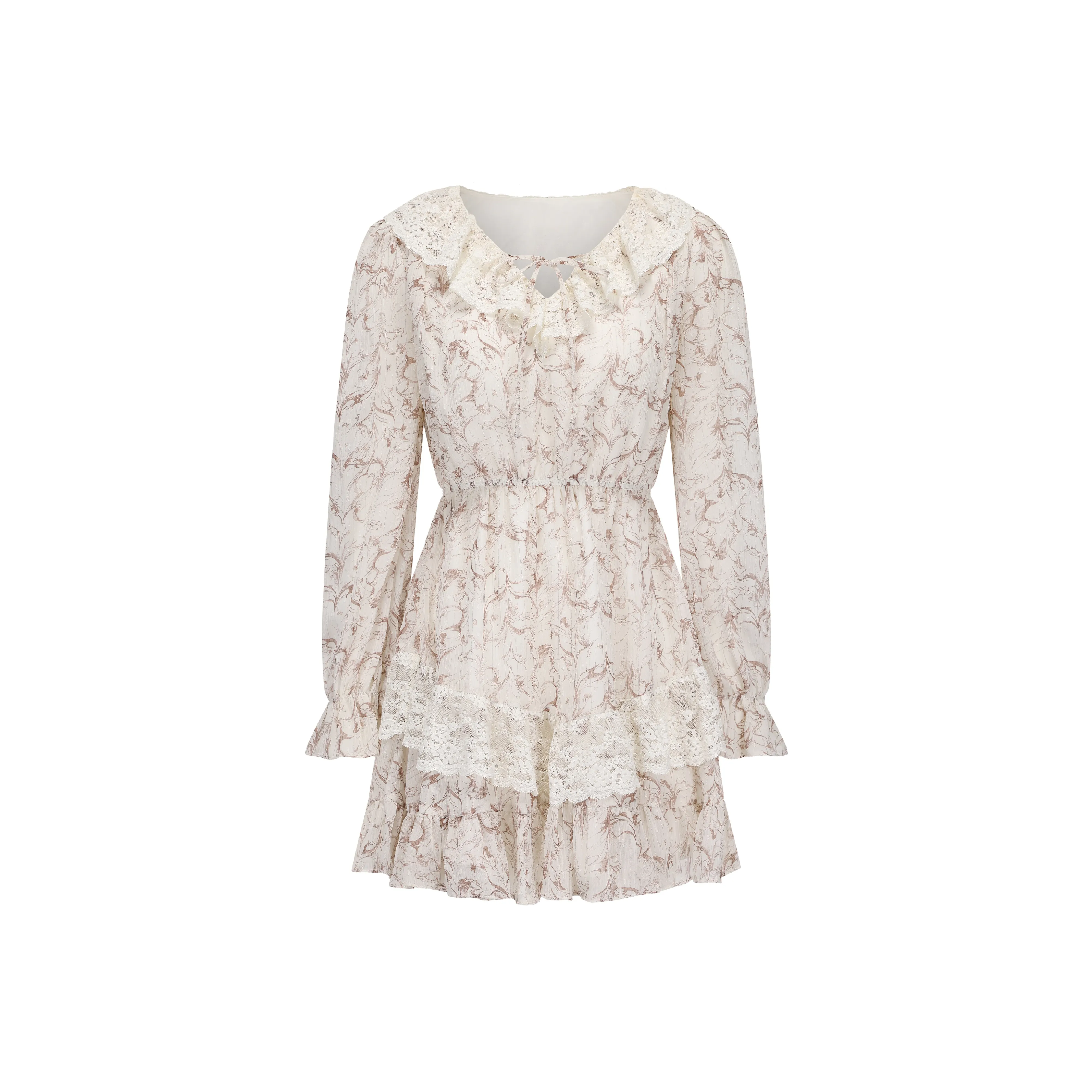 CHIWAWAMEME Long Sleeved Dress Women's Gray Coffee Floral
