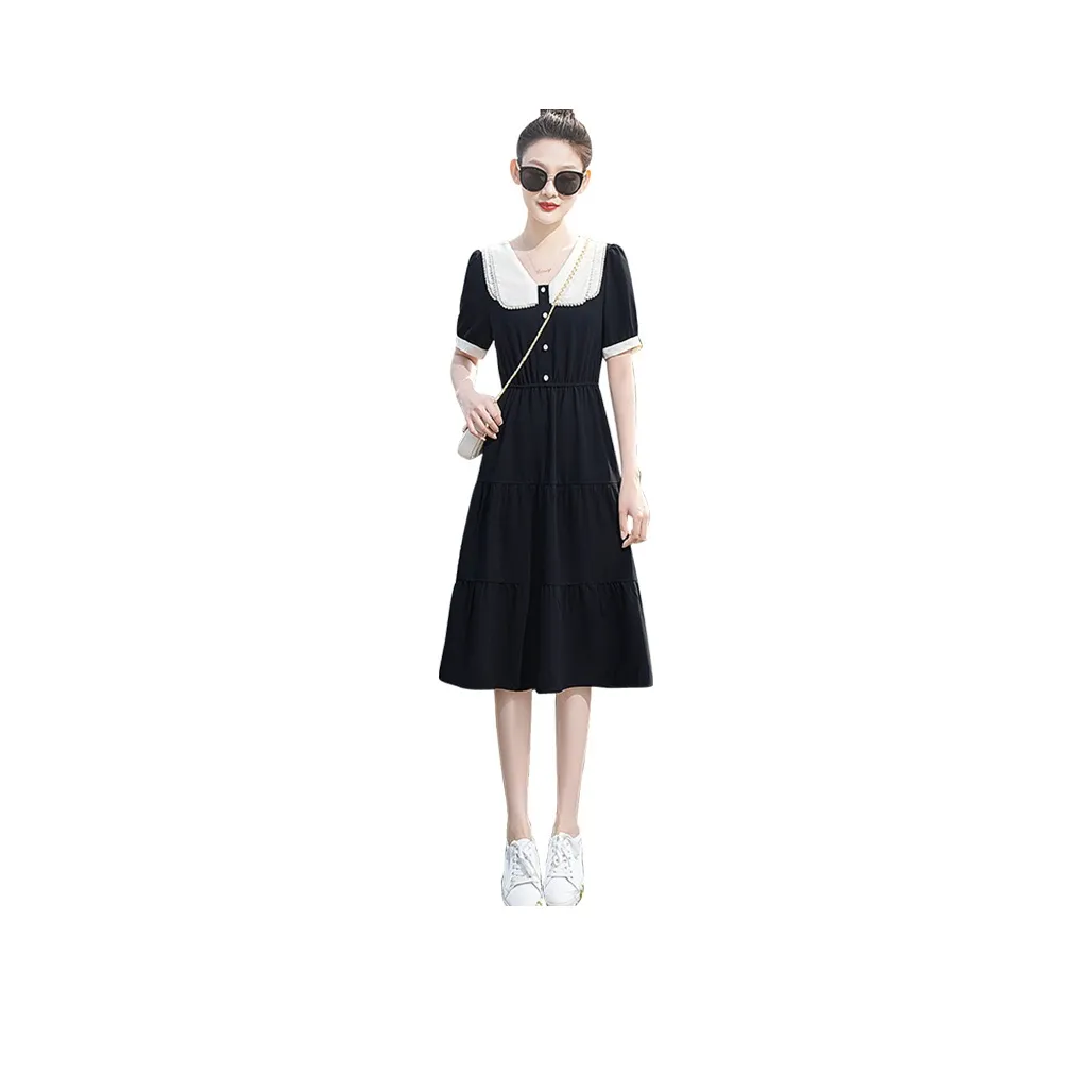 Cypress House Short Sleeved Dress Women's Black With Beige Collar