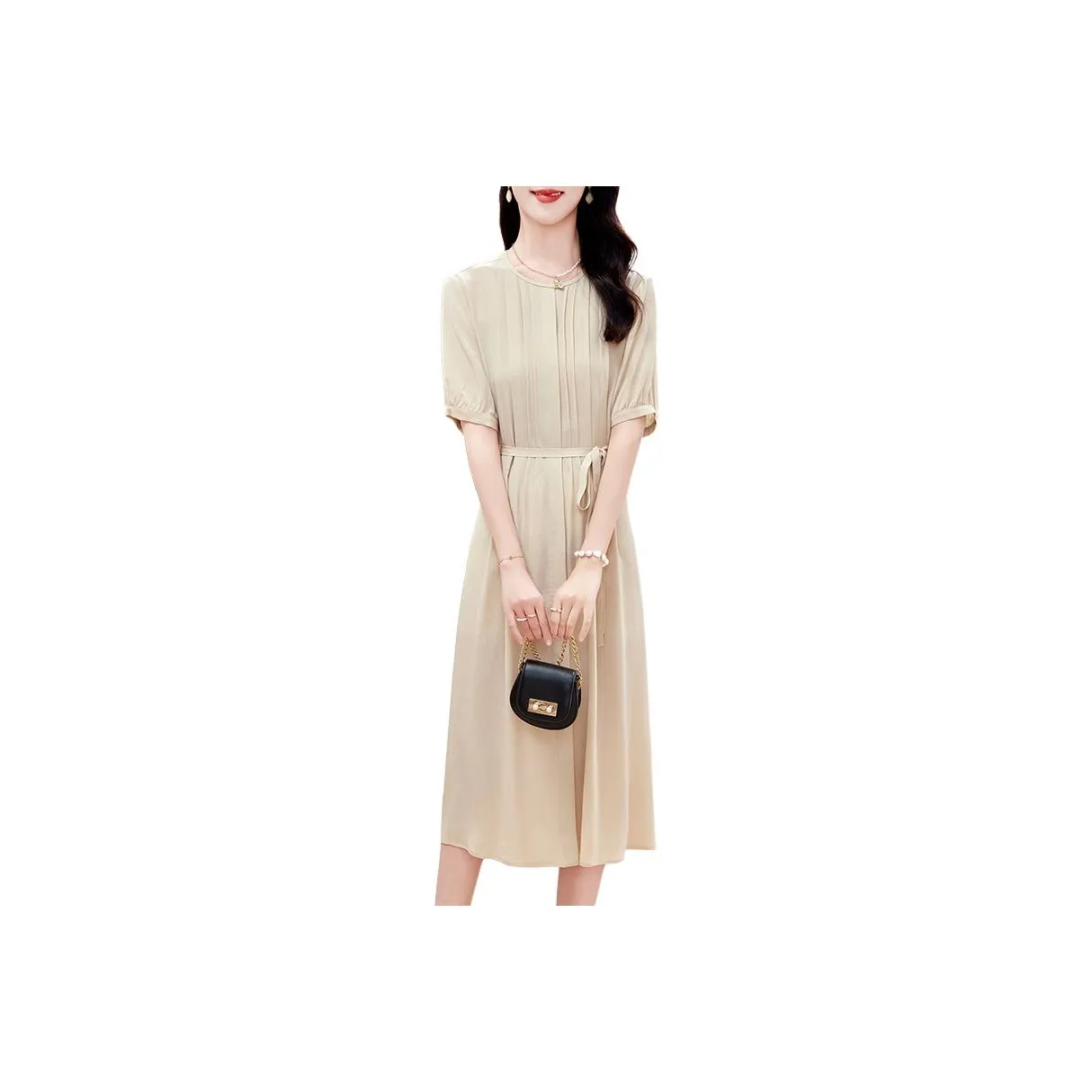 Yi Mengyuan Шелк Короткий Рукав Платье Женское