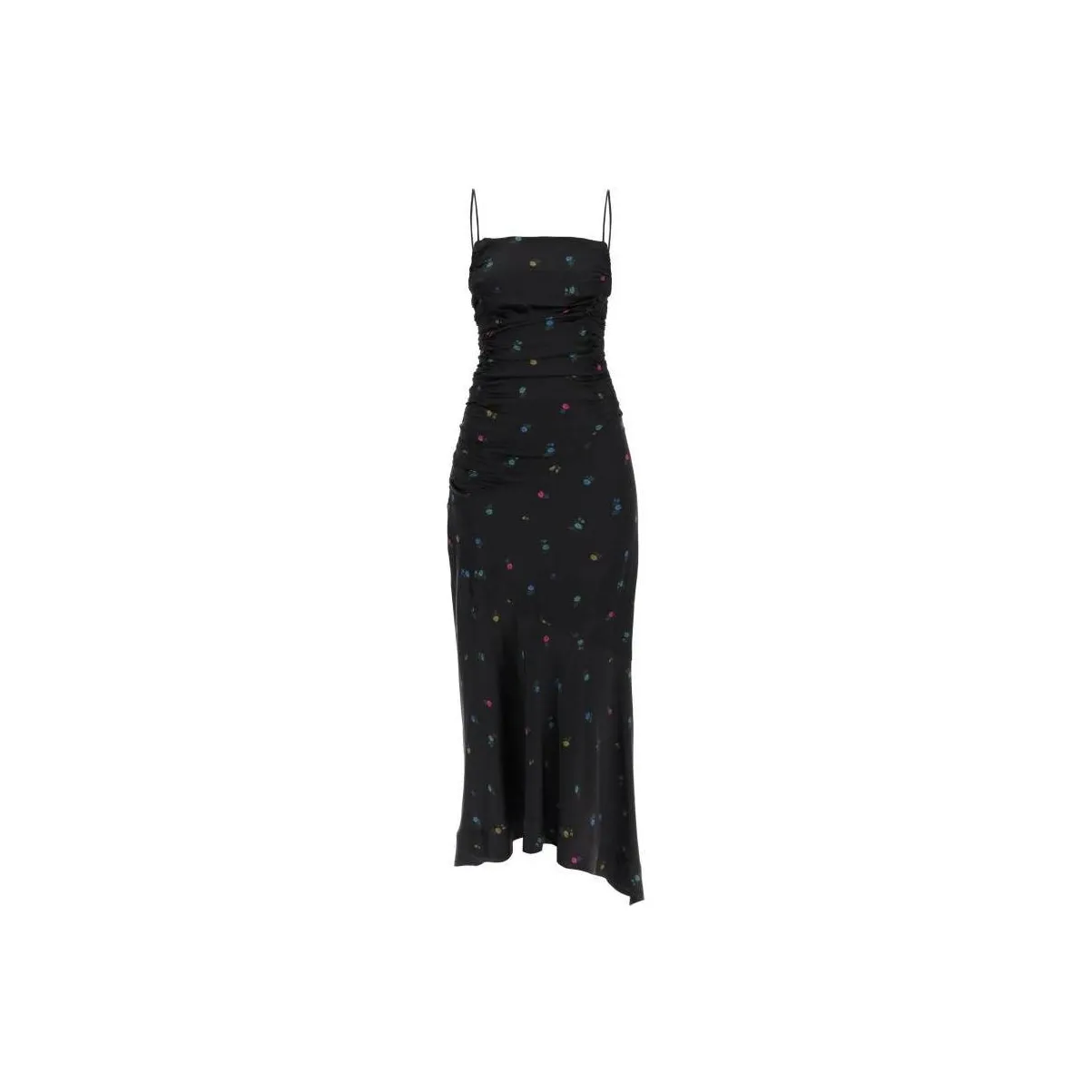 GANNI Floral Satin Ruched Long Slip Dress