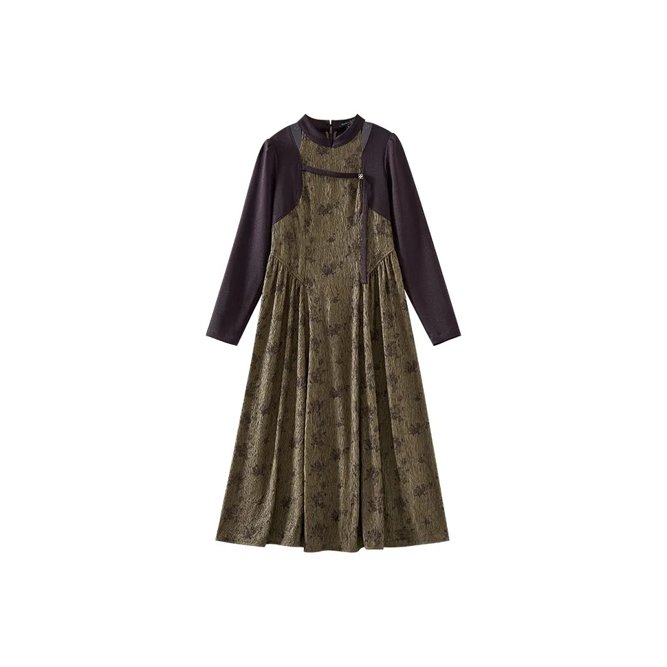 OUNIXUE Длинное платье с длинными рукавами женское чайный коричневый