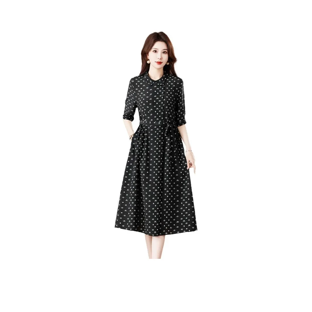 Yi Mengyuan Шелк Короткий Рукав Платье Женское Черное