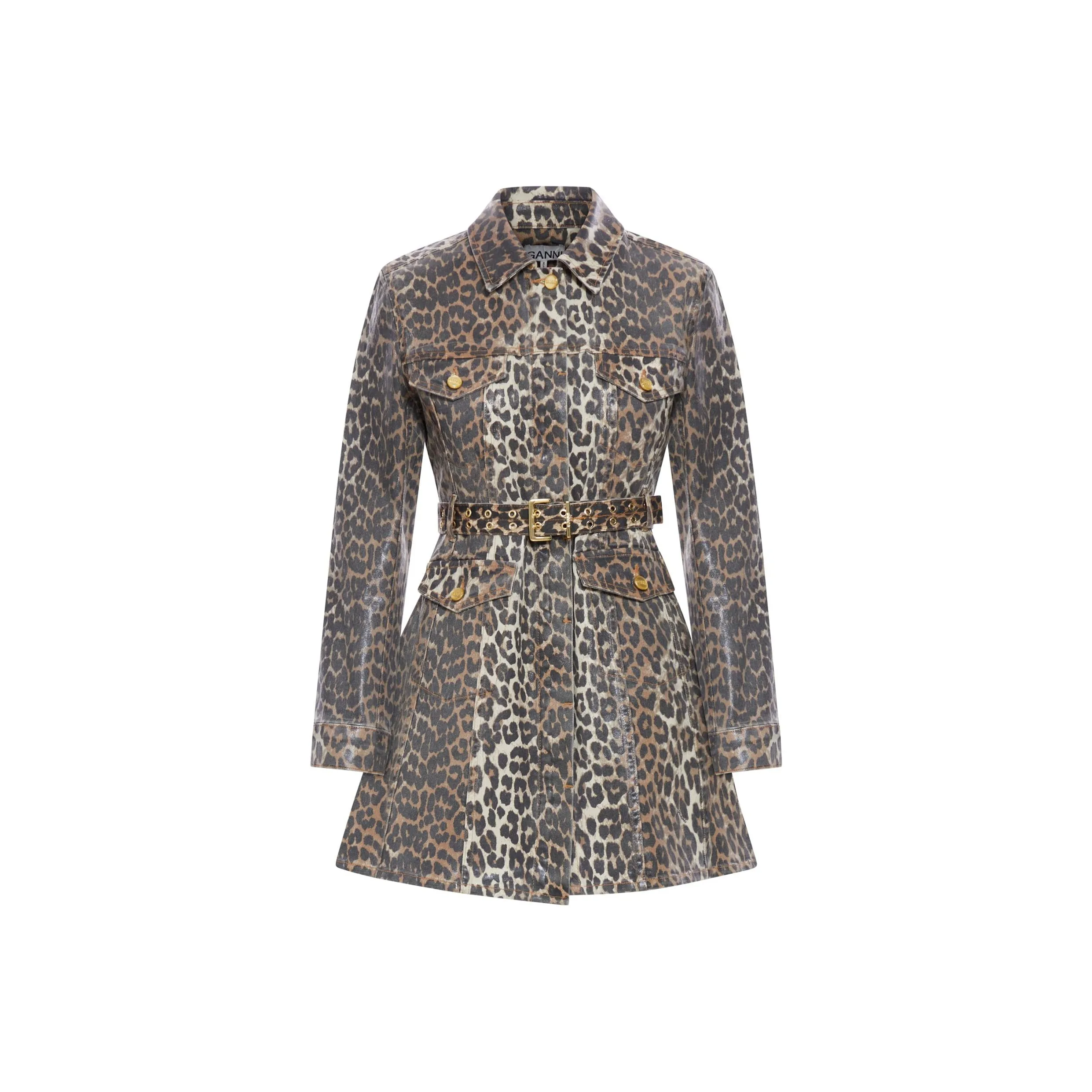 GANNI Leopard Printed Foil Denim Dress
