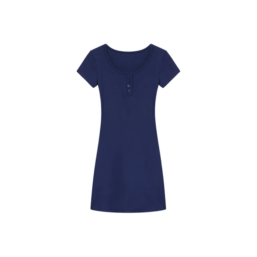 FINDSME GAGA Короткий рукав Платье Женское Темно-синий