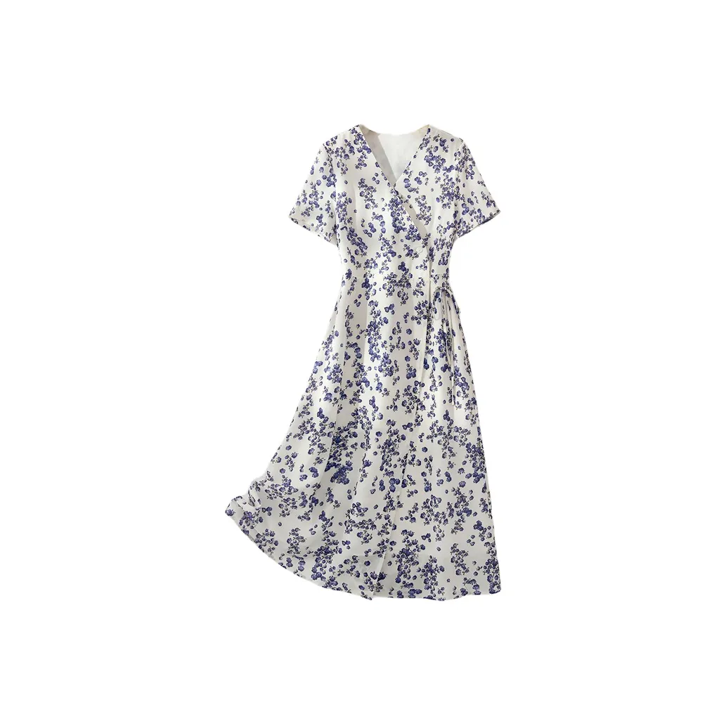 IHIMI Короткий рукав Платье Женское Синий Фиолетовый Цветочный дизайн