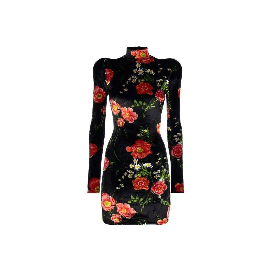Balenciaga Flower Print Long-Sleeve Dress