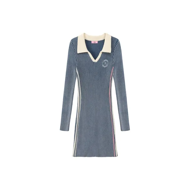 CHUU Длинное платье с длинными рукавами женское средний деним синий