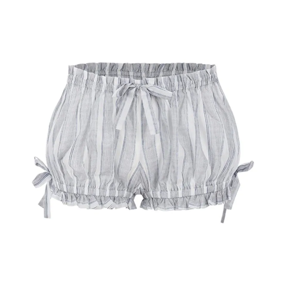 Selkie Коллекция SS24 Повседневные шорты Женские Светло-синий Вертикальные полосы Белый чайные полотенца С принтом