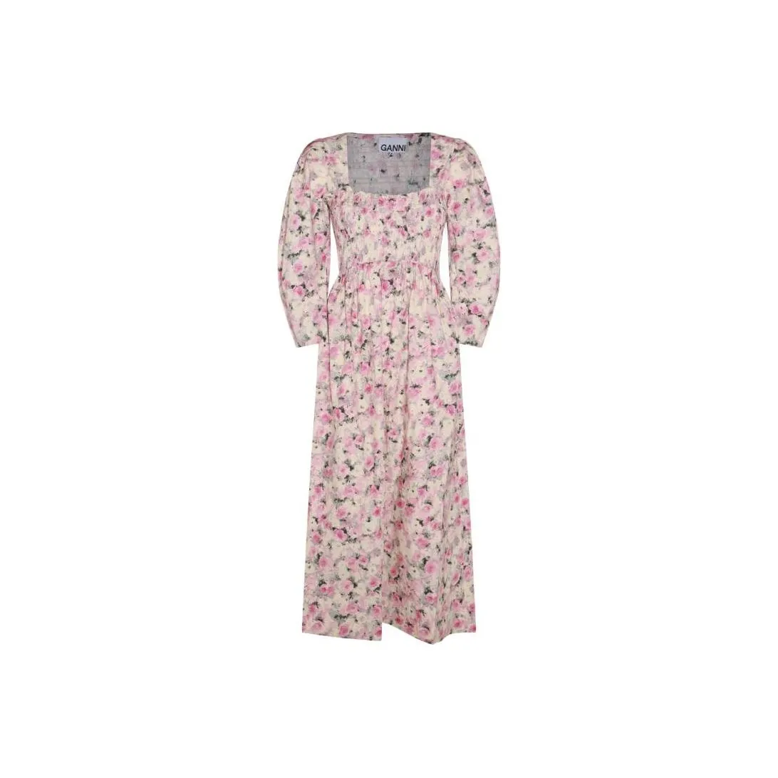 GANNI Floral Printed Square Neck Midi Dress