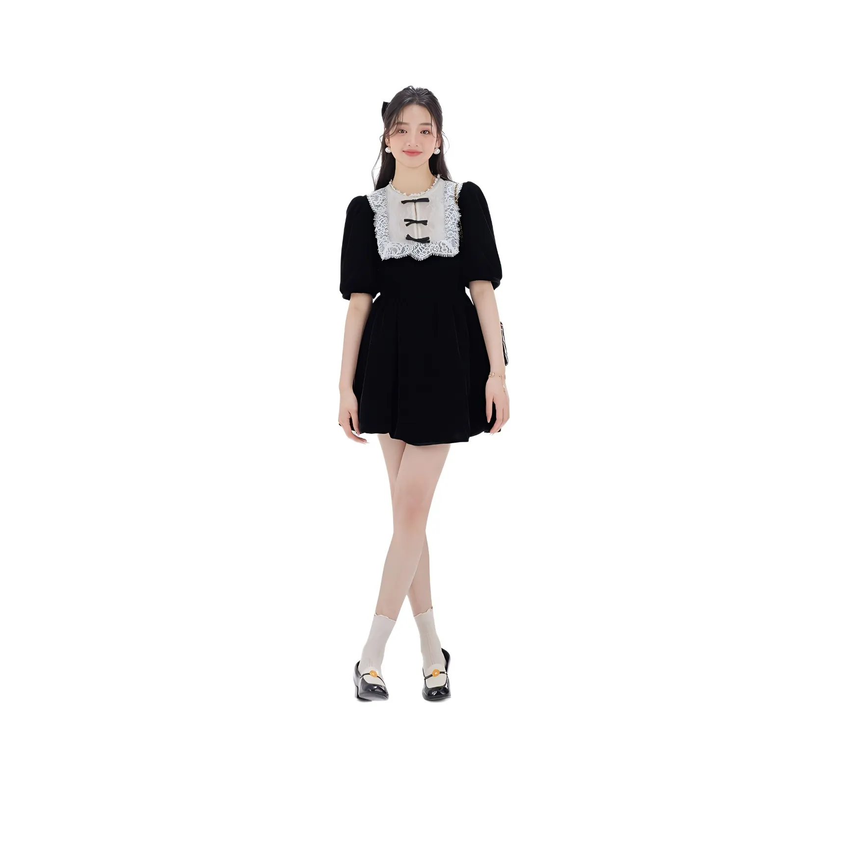 DEAR DEER PUFF Короткий рукав Платье Женское Черное