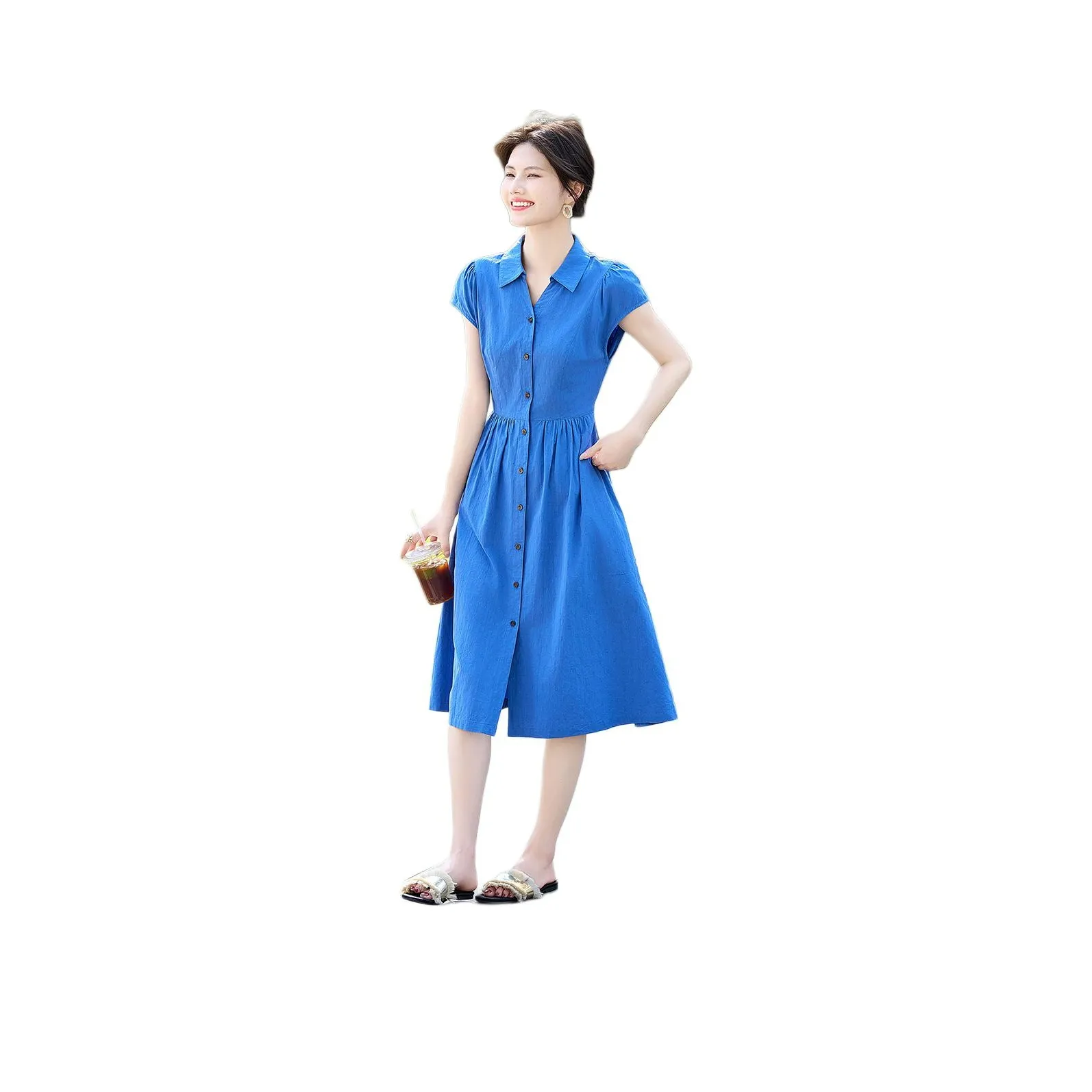 Still Quiet Лето Короткий Рукав Платье Женское Павлин Синий