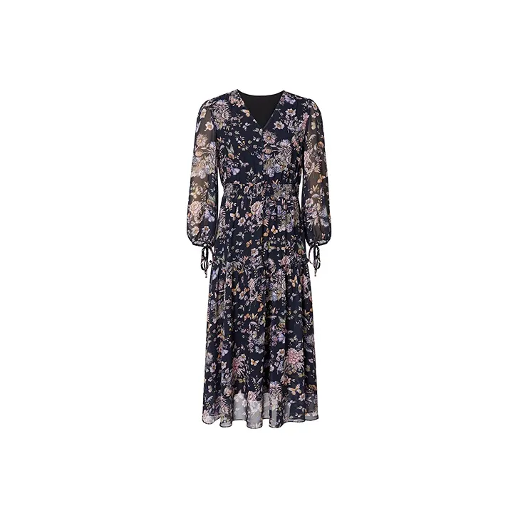 Hopeshow Long Sleeved Dress Women's Black Sole Pink Floral