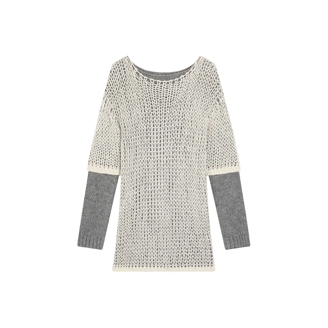 Ouyang Длинный рукав Платье Женское Темно-серый Бежевый