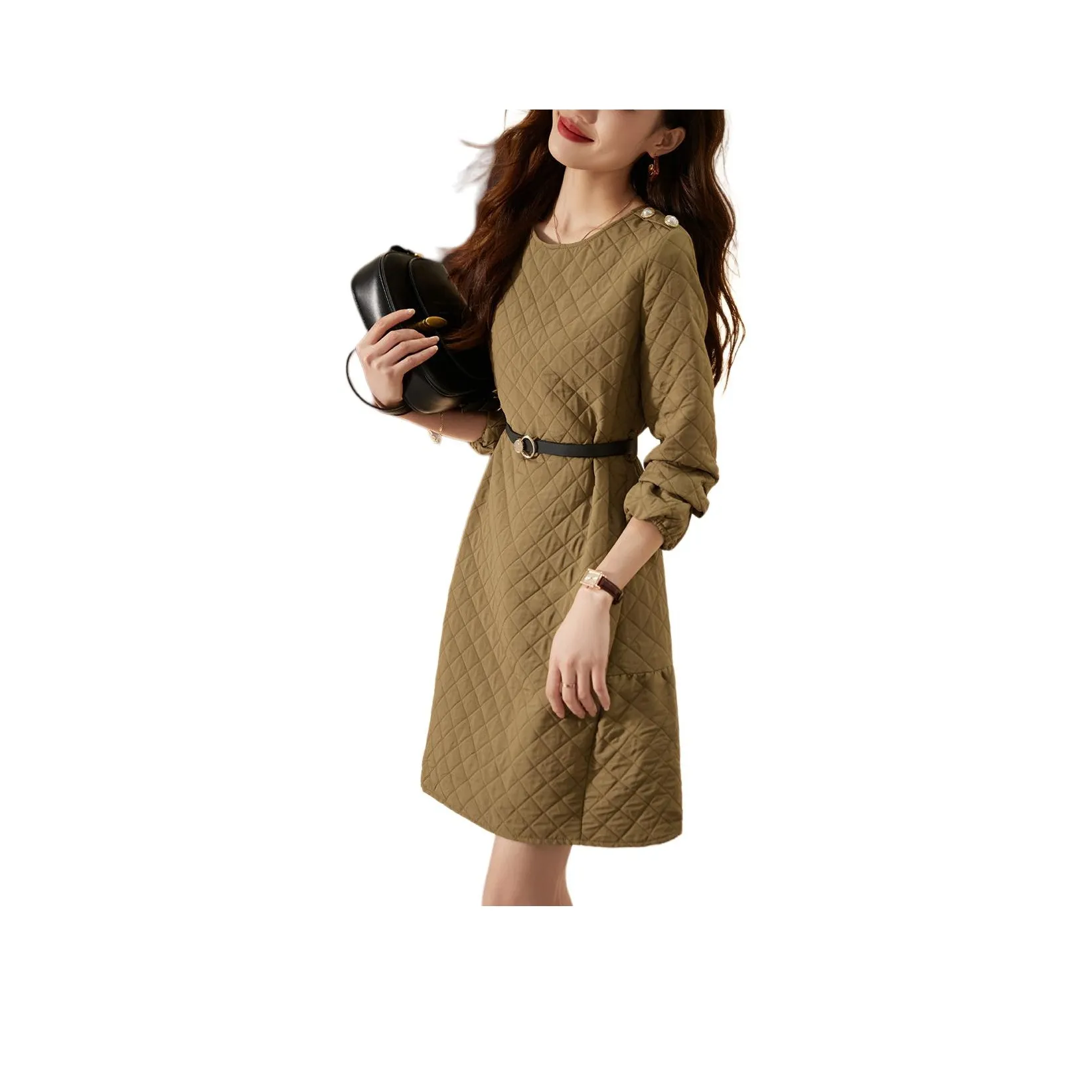 Mo Han Yi Mei Длинное платье с длинными рукавами женское хаки