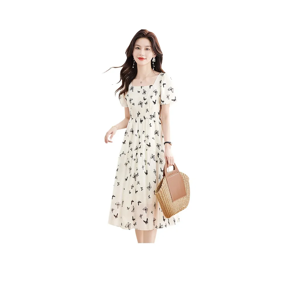 Cypress House Short-Sleeved Dresses Women's Apricot Base With Black Butterfly