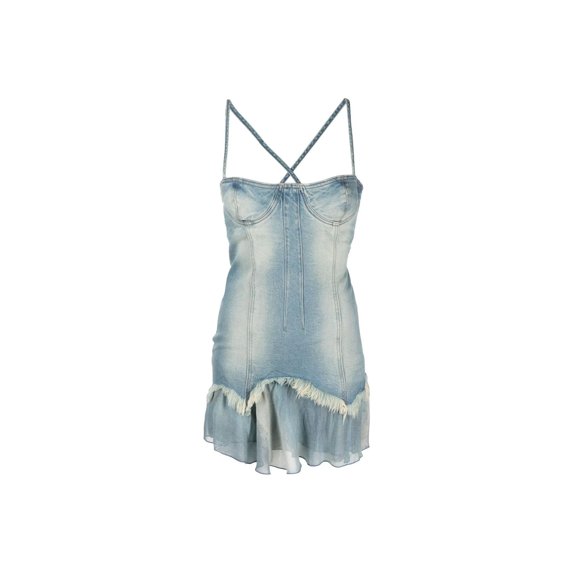 Blumarine Jean Tiered Sweetheart Neck Denim Dress