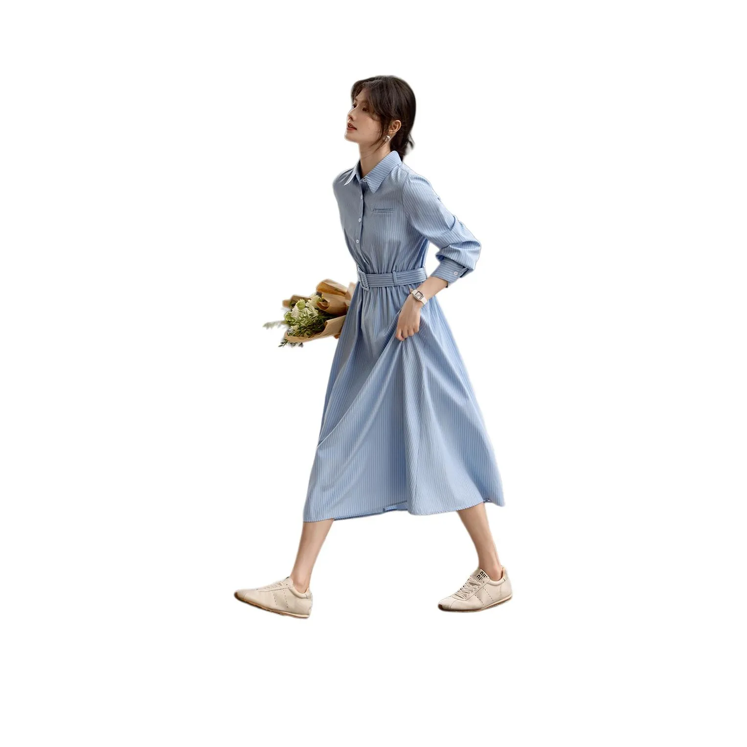 XWI Длинное платье с длинными рукавами женское синие полосы