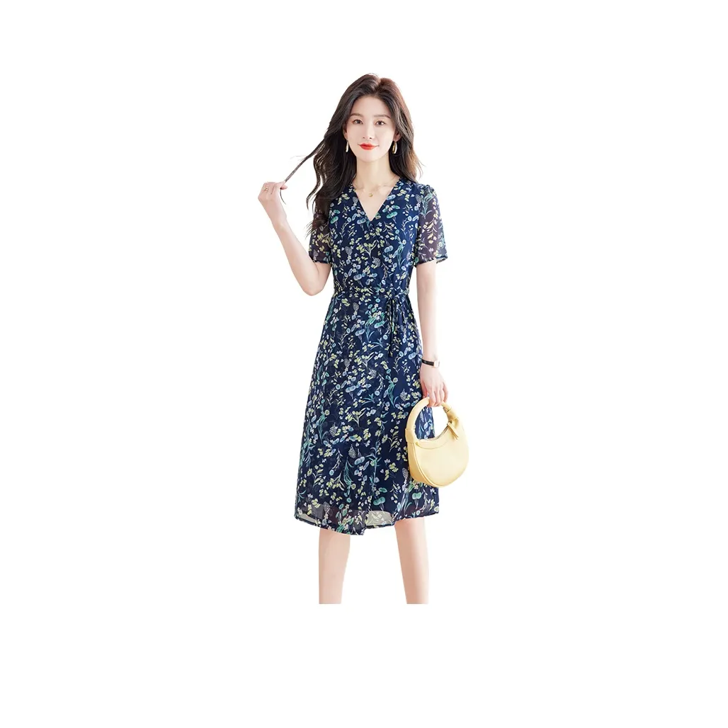 Cypress House Short Sleeved Dress Women's Navy Blue With Green Floral