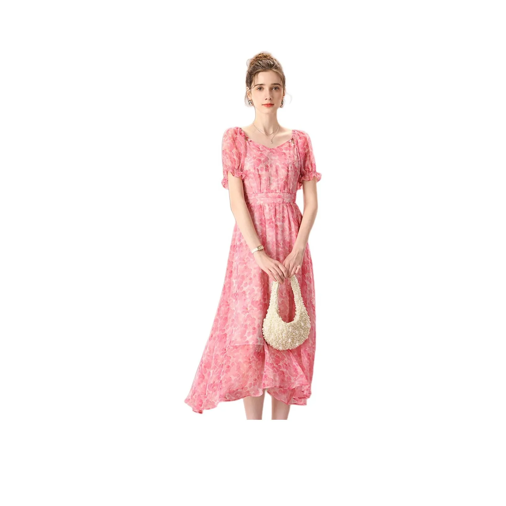 FENHONGMALI 2025 Летняя коллекция Короткий рукав Платье Женское Розовый