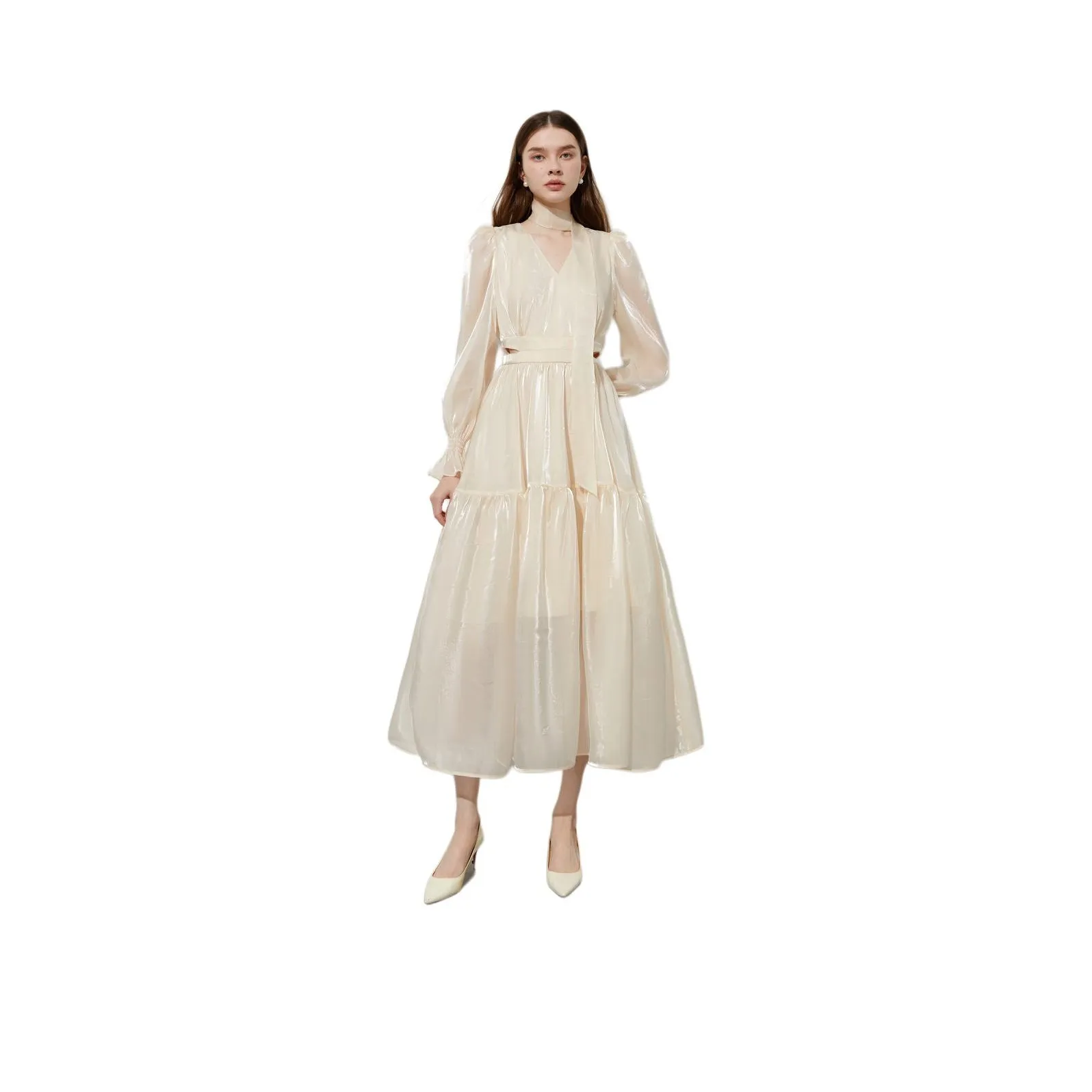 DPLAY Длинное платье с длинными рукавами женское кремово-абрикосового цвета