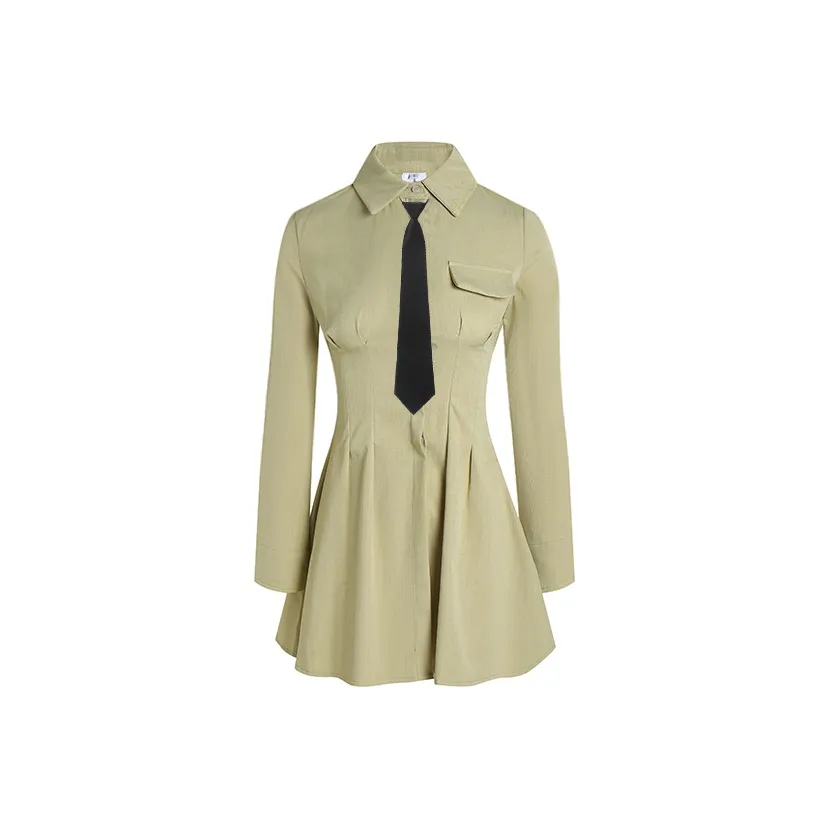 Ice cream and whale Авокадо-зеленое Платье-рубашка + Черный Галстук Женские Длинные Рукава Платья