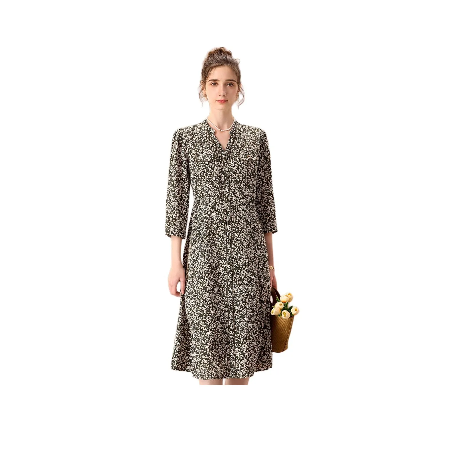 FENHONGMALI Короткий рукав Платье Женское Зеленое