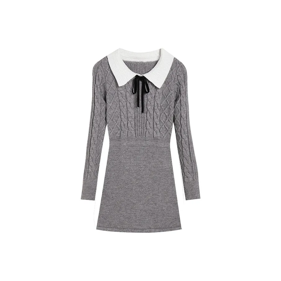 Ice cream and whale Серое платье женское с длинным рукавом