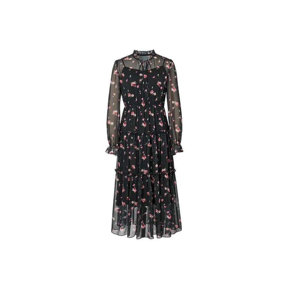 Hopeshow Long Sleeved Dress Women's Black Sole Pink Floral