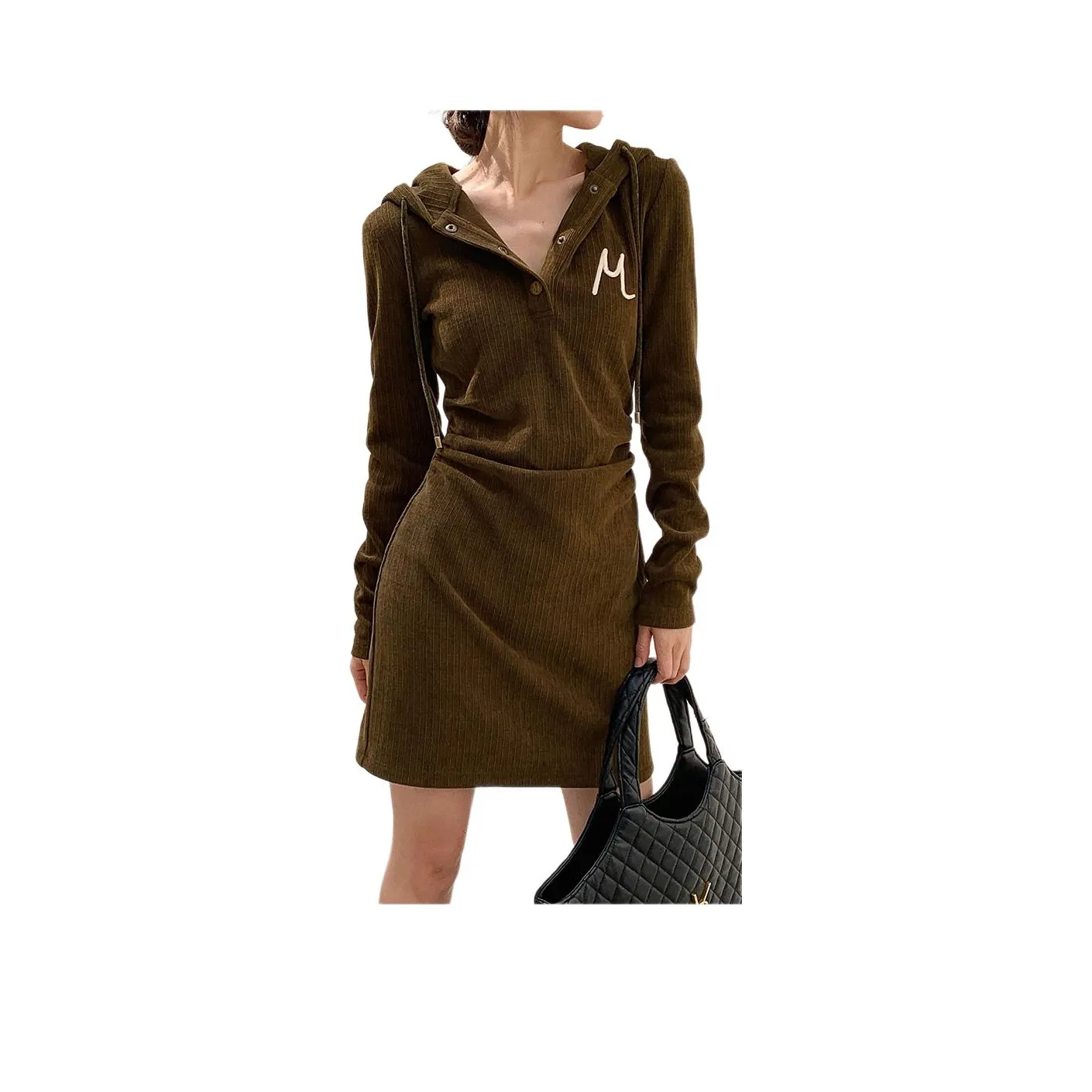 NANING9 Длинное платье с длинным рукавом женское коричневое