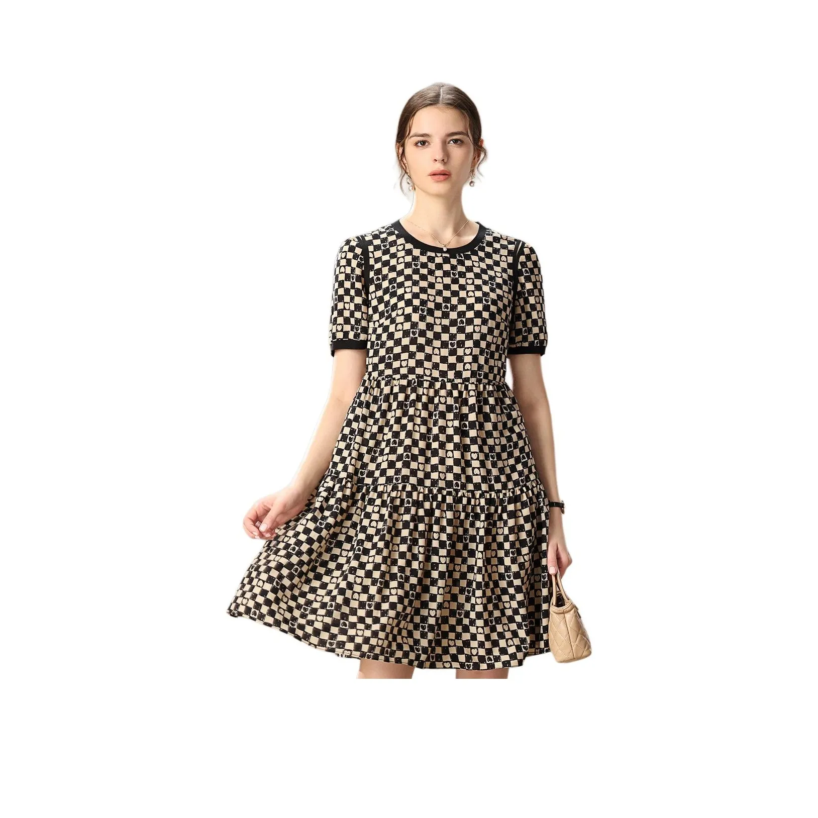FENHONGMALI Весна Короткий рукав Платье Свободный крой Женские Шахматный узор