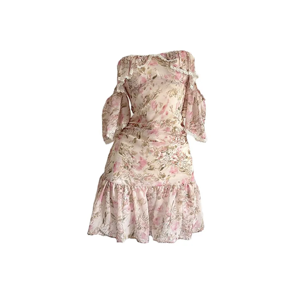 SKYA Короткий рукав Платье Женское Розовый с цветами