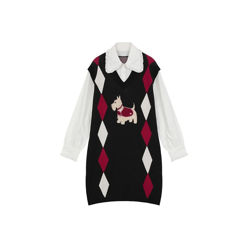 ELF SACK Mock Two Piece Shirt Patchwork Plaid Knitted Fabric Dress Women's