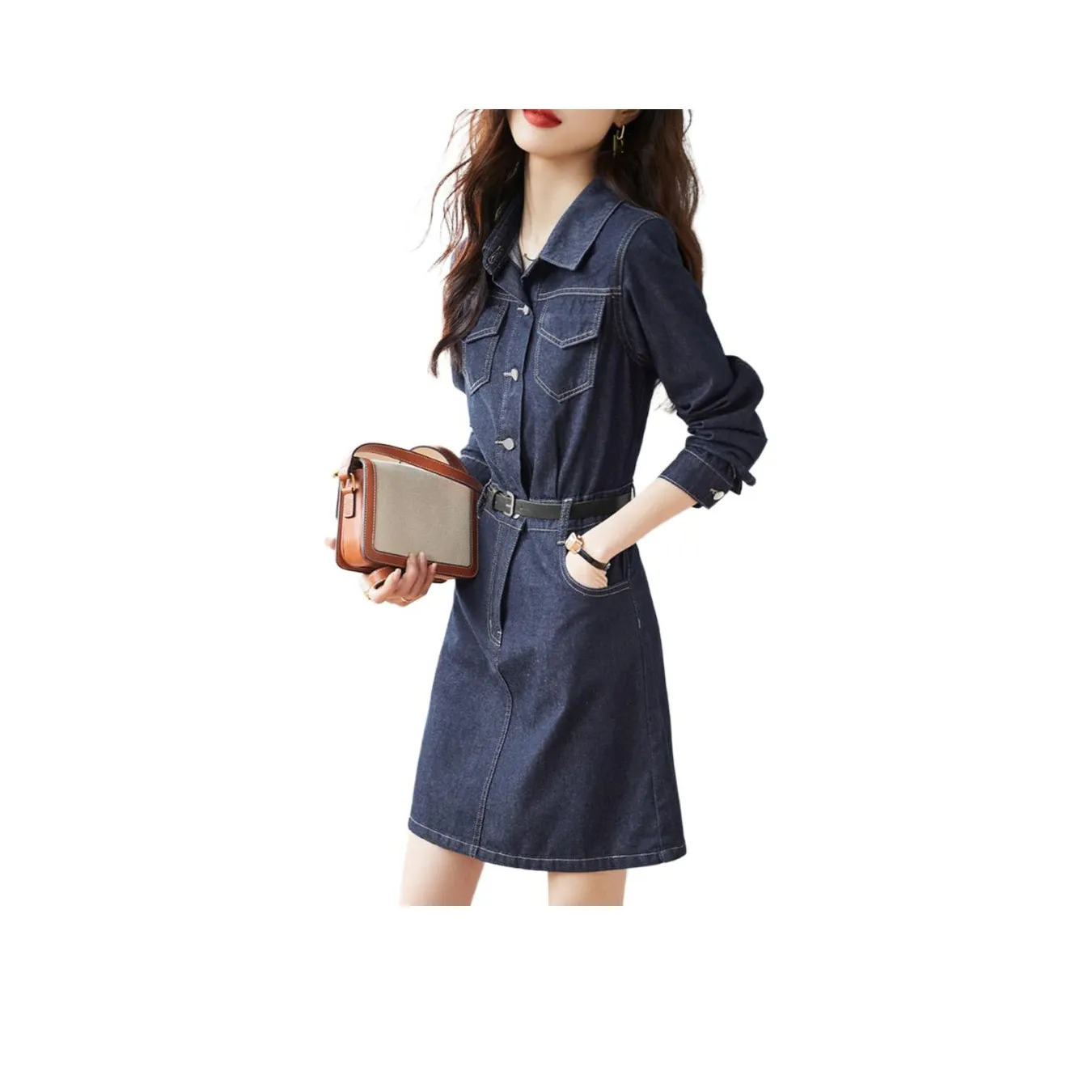 Mo Han Yi Mei Длинное платье с длинными рукавами женское джинсовый синий