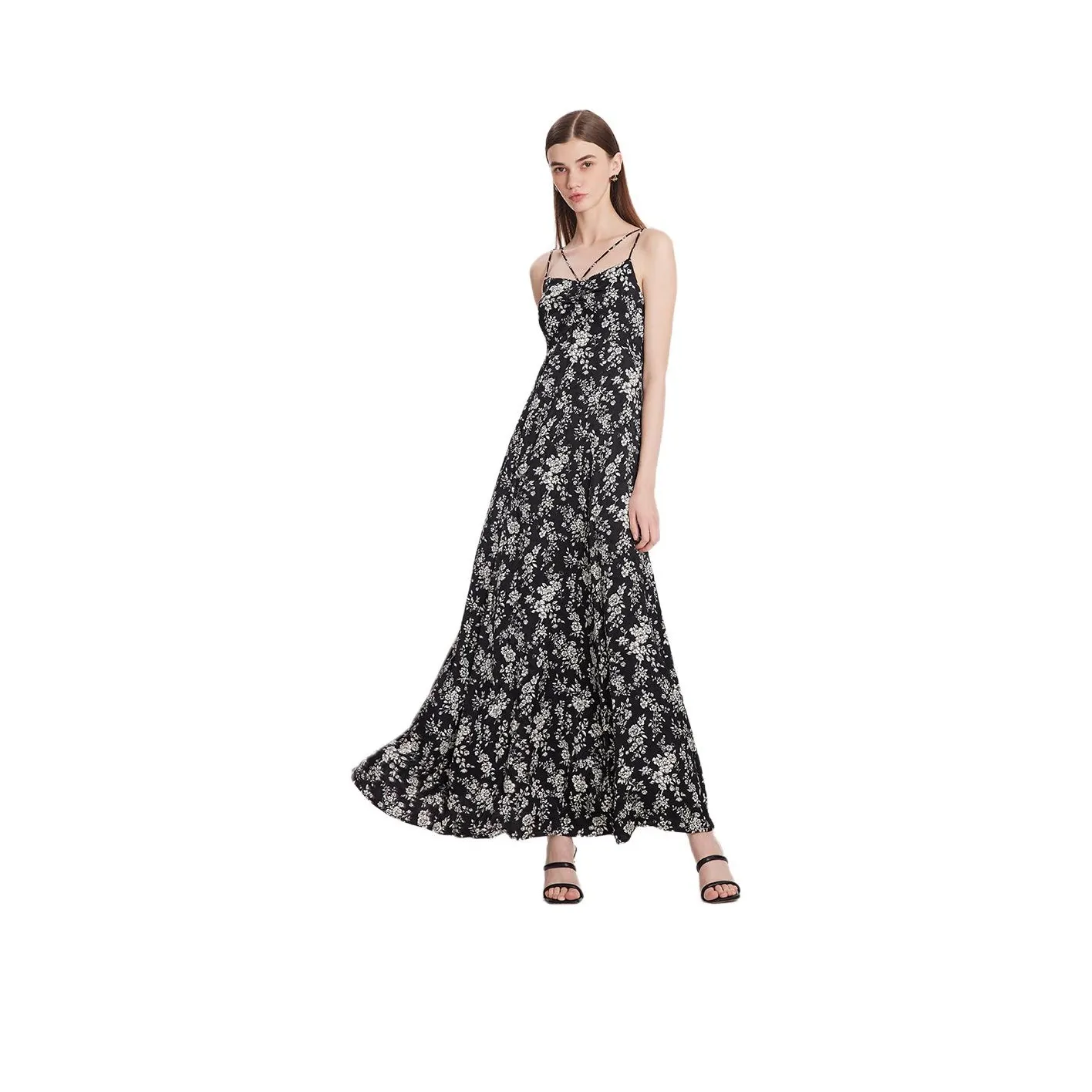 GOELIA Slip Платье Женское Черное с Экрю Камелия с Принт