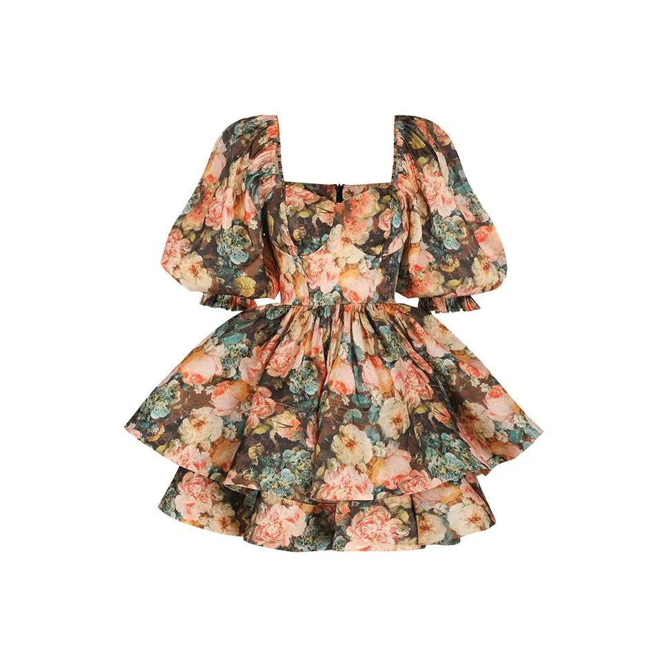 Selkie Collection FW23 Short-Sleeved Dresses Women's Black Night Rose Water Painting Print
