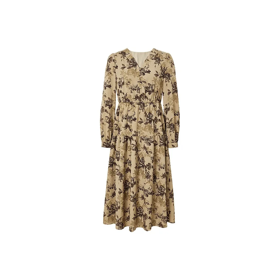 Hopeshow Long Sleeved Dress Women's Bronze Wall Paper Flower