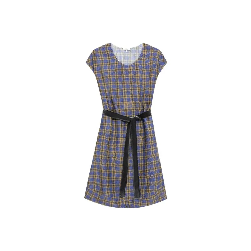 THEORY Designer Co authored Collection Short Sleeved Dresses Women's Blue Gold Plaid