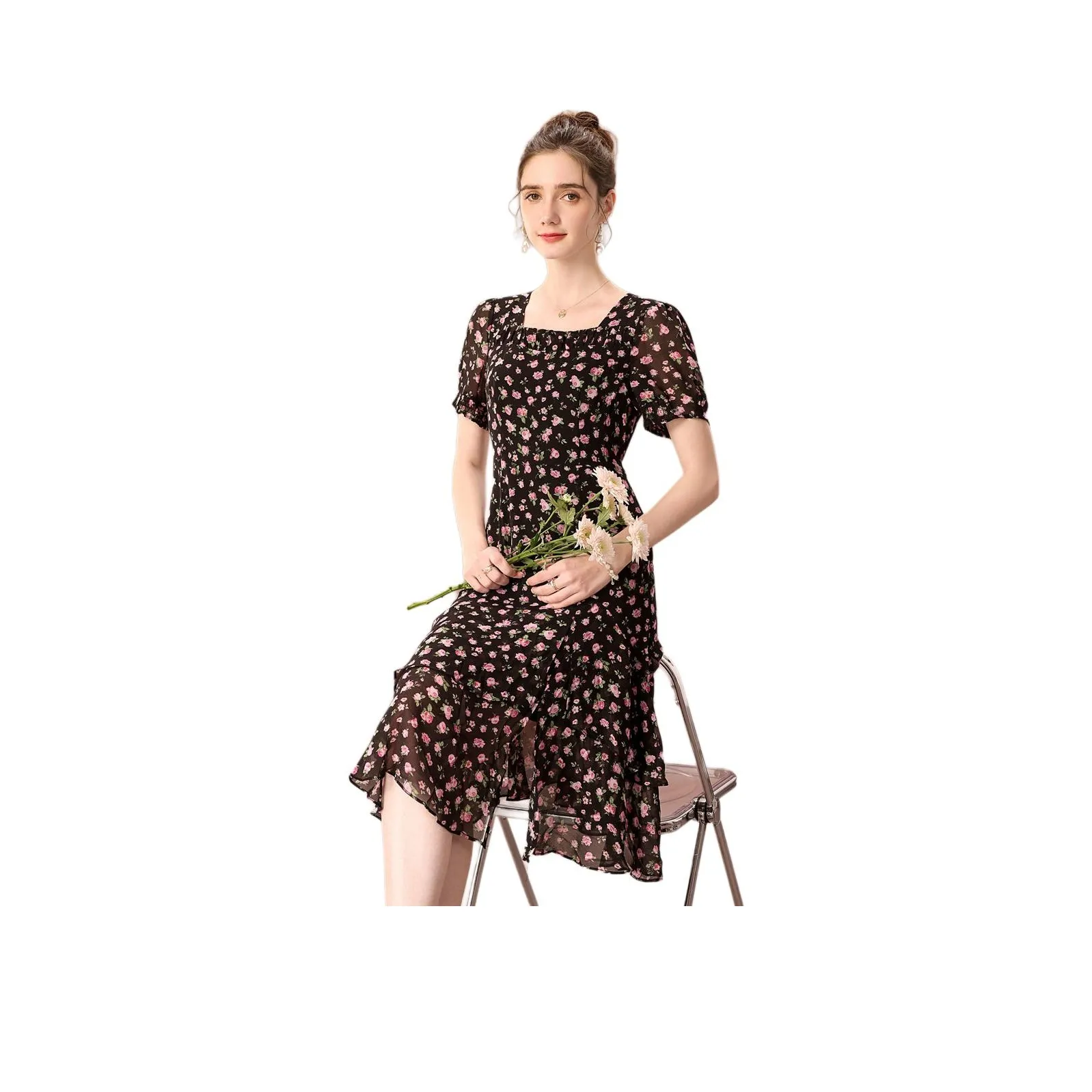 FENHONGMALI Весенний Летний Осенний Короткий рукав Платье с утяжкой на талии Женское Черная подошва Розовые цветы