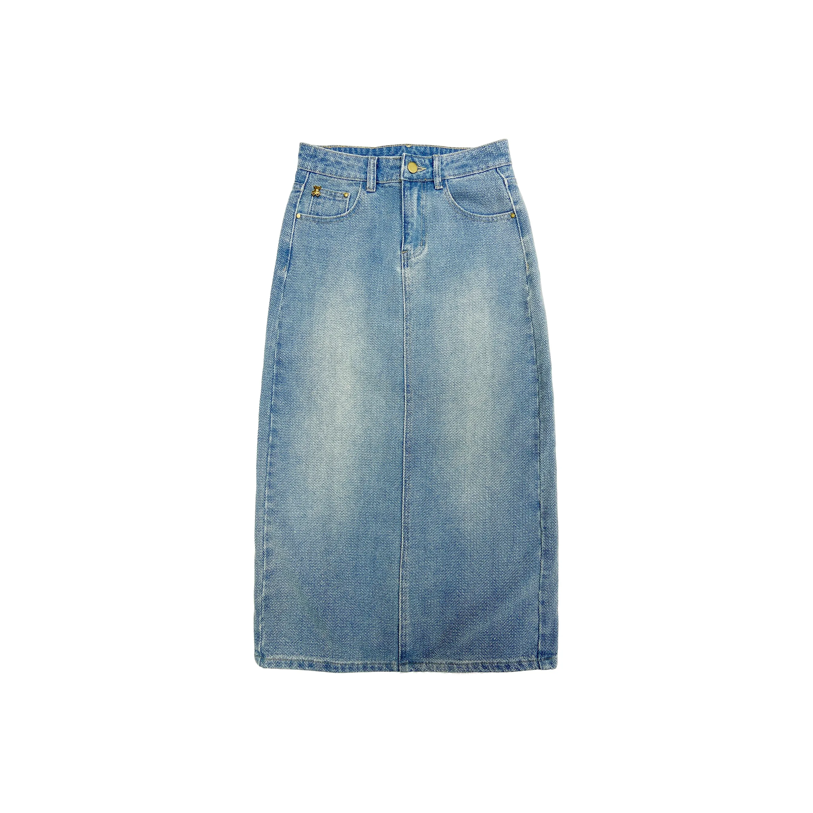 Wen Shan Деним Длинная Юбка Женская Кремово-Синий