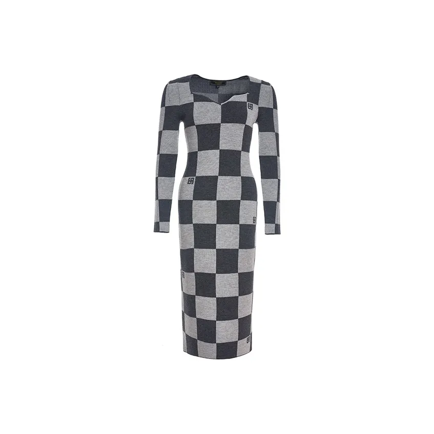 BESIONIA FW23 Длинное платье с длинными рукавами женское серая клетка