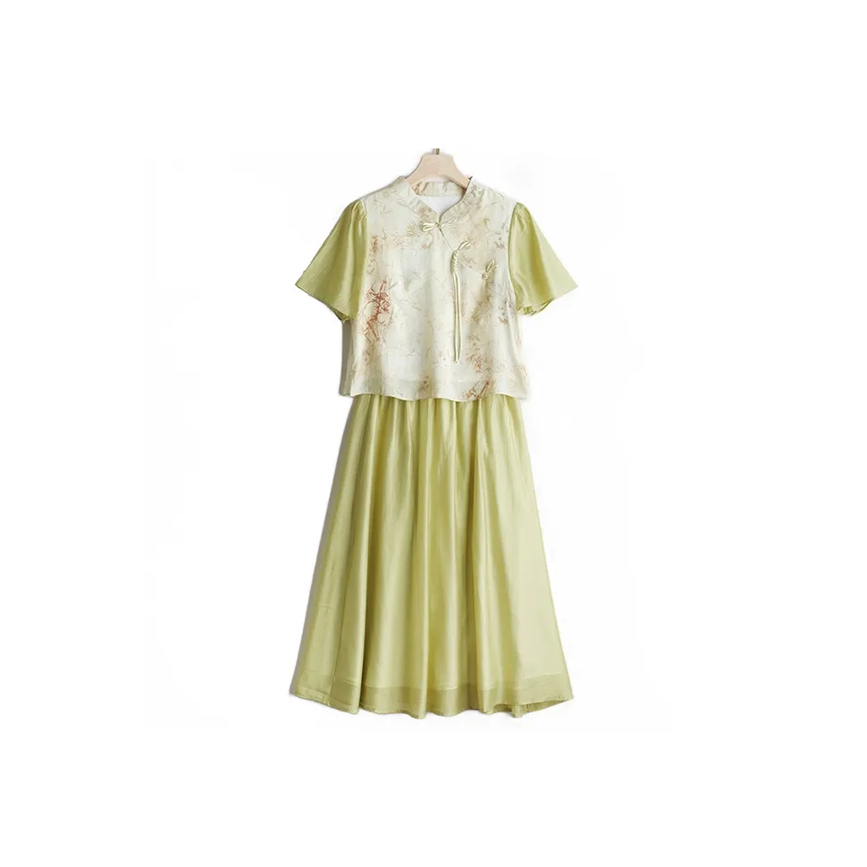 Корейский стиль Короткий рукав Платье Женское Зеленое