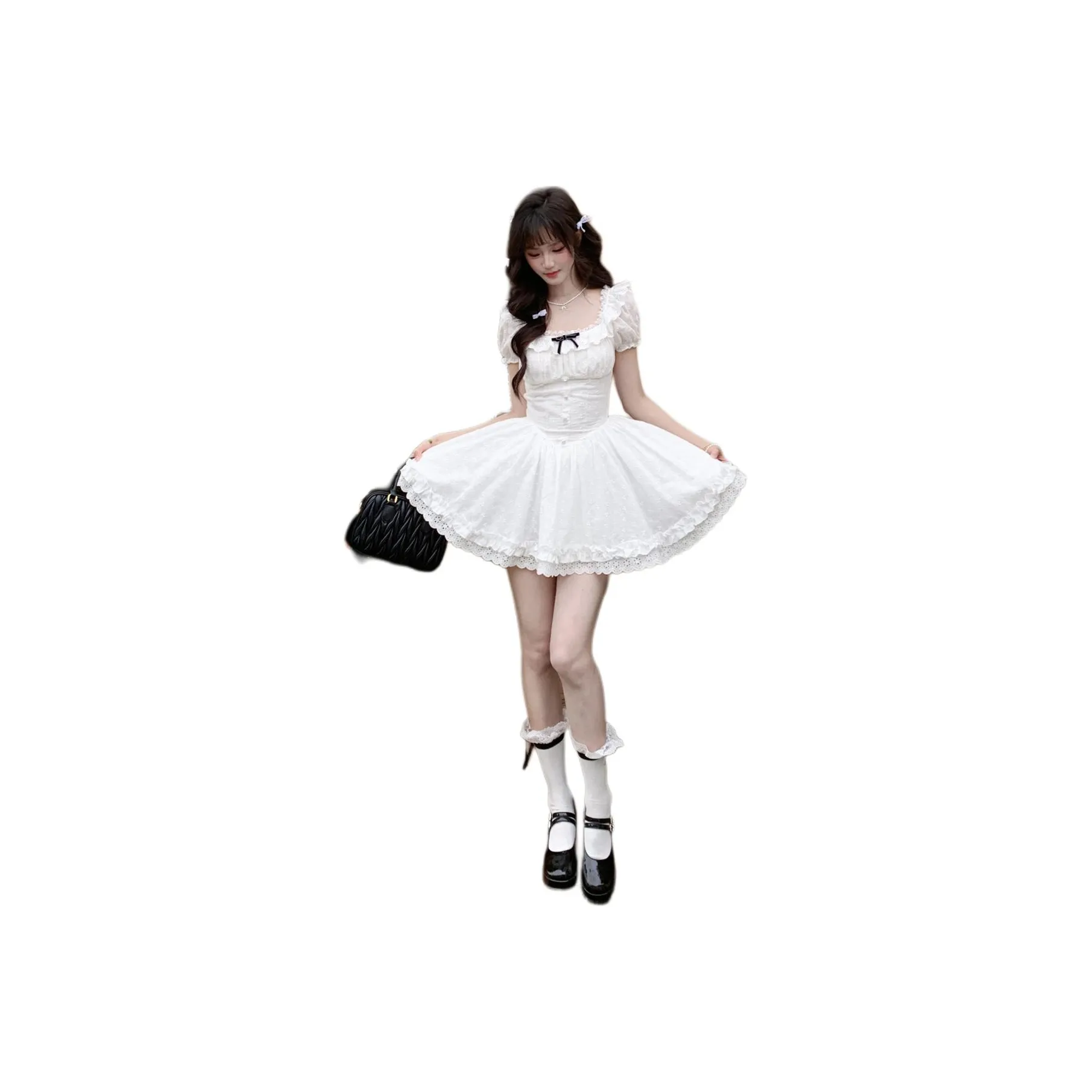 WOVLAS Короткий рукав Платье Женское Белое