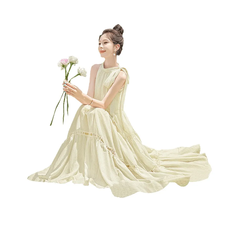 Cypress House Без рукавов Платье Женское Бежевый с Черными полосами