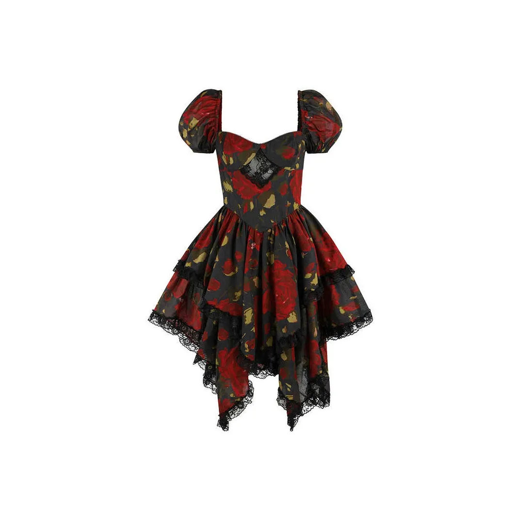 Selkie Collection SS25 Short Sleeved Dresses Women's Red Rose Print Under The Night