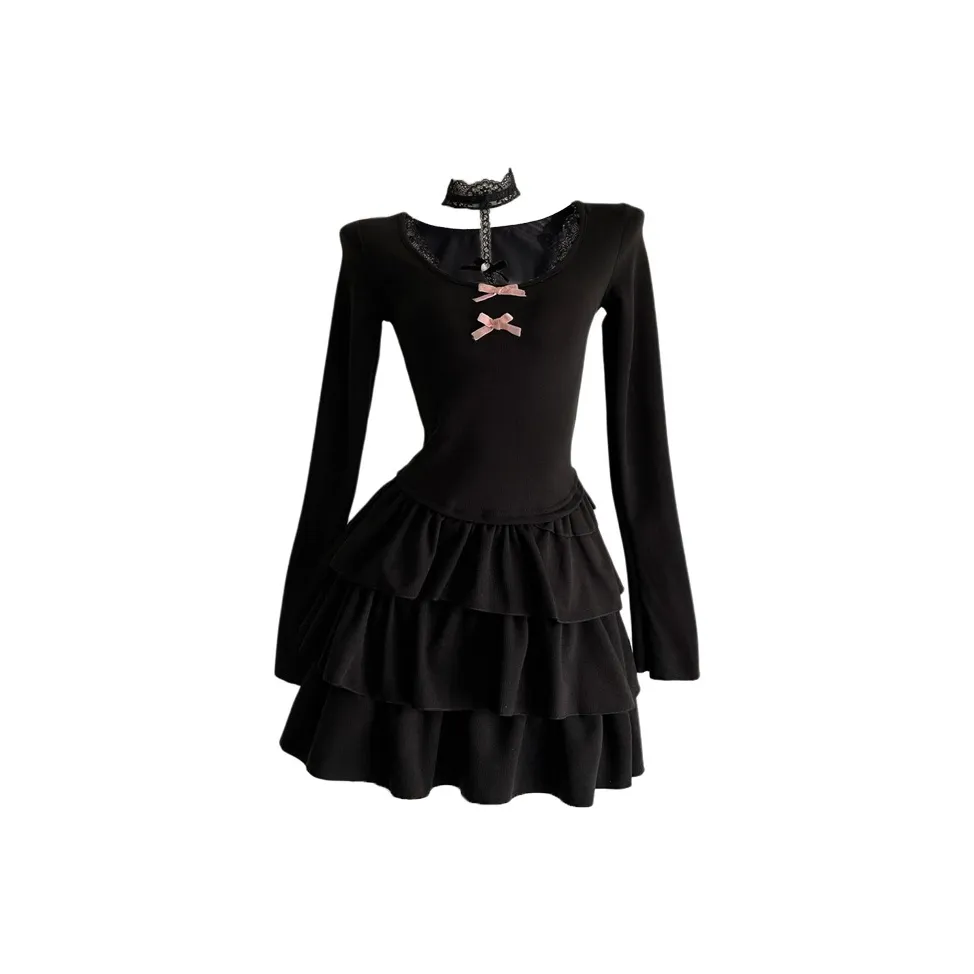 ONE PASS STUDIO Длинное платье с длинными рукавами женское черное