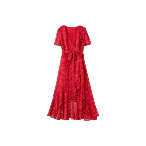 ZRAU Red with White Dot Женские Короткие Платья с Рукавами
