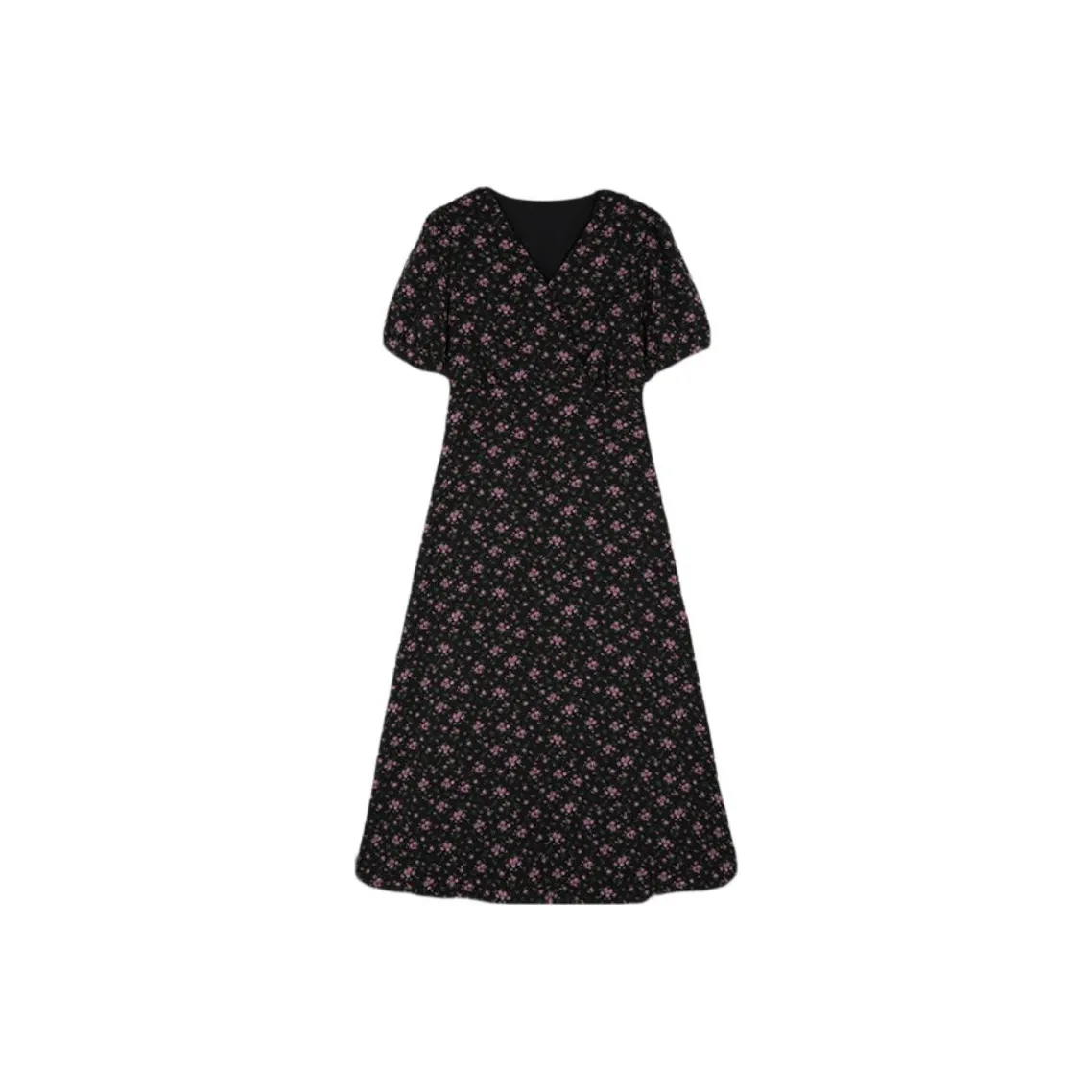 Mo Han Yi Mei Short Sleeved Dress Women's Black With Purple Floral
